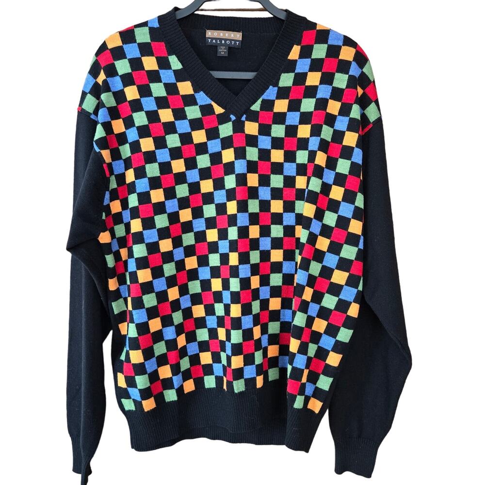 Vintage Robert Talbot Mens Diamond V-Neck Colorful y2k Sweater Merino Wool M